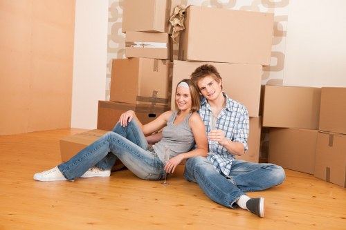 Business equipment and office furniture being prepared for relocation