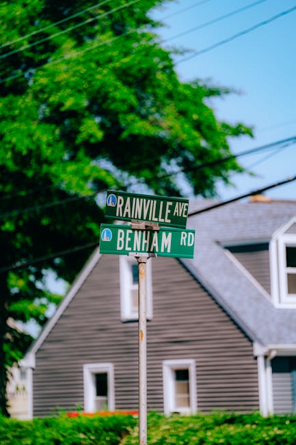 Street sign at the corner of Rainville Avenue and Benham Road in a residential neighbourhood, with a grey house featuring white window frames and a sloped roof visible in the background. The signpost is partially obscured by green foliage from trees, and the sky is clear and blue. The scene captures a calm suburban setting likely involved in home relocation or furniture transport activities, with external environment and signage providing context for moving services offered by Man with Van Kensal Green.